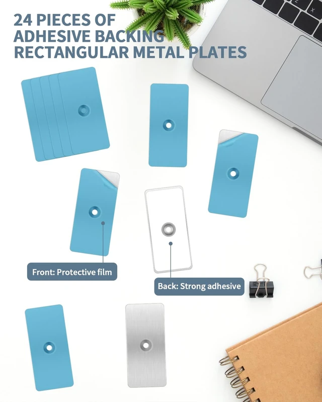 Alt view image 3 of 7 - 24 Pack Adhesive Metal Plates for Magnets, Ultra-Thin Strips 2 x 0.96 Inch | Strong Adhesive Backing with Pre-Drilled Holes. Works with Magnetic Stickers, Phone Mounts, LED Lights, and Non-steel Vents