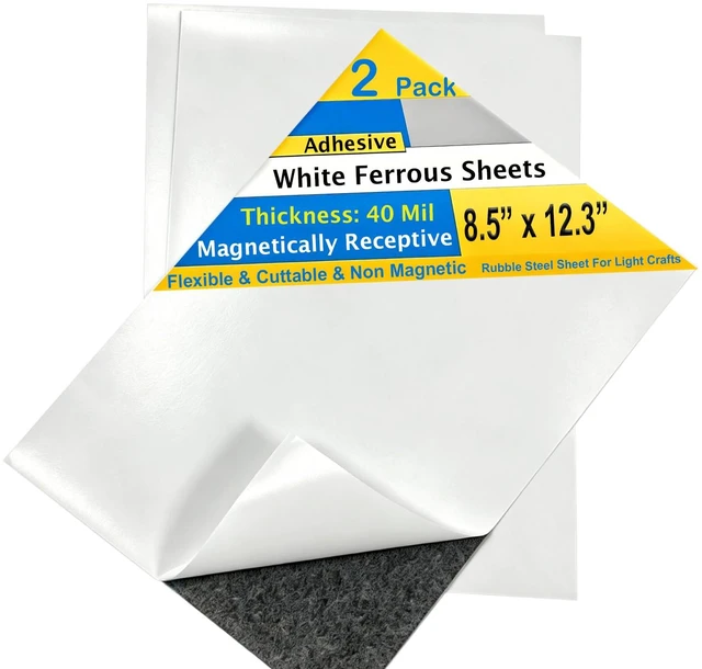 Main image of 2 Pack, White Metal Sheets with Adhesive-8.5 x 12.3, Ferrous Sheet for Magnets Receptive, 40 Mil Magnetic Miniatures Organization Fits Standard US Really Useful Box