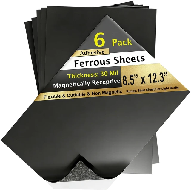 Main image of 6 Pack, Adhesive Metal Sheets-8.5 x 12.3, Ferrous Sheet for Magnets Receptive, 30 Mil Thin Flexible Rubber Steel Mat for Crafts, Magnetic Miniatures Organization Fits Standard US Really Useful Box