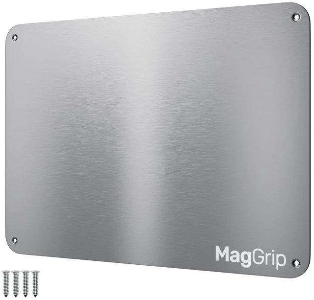 Main image of 9 inches x 6.5 inches Stainless Steel Plate for Magnets, 3M Adhesive Back, Mounting Screws, Ideal for Magnetic Shelf, Spice Holders, Fridge Magnets. Mount Anywhere! (Silver, 1 Pack)