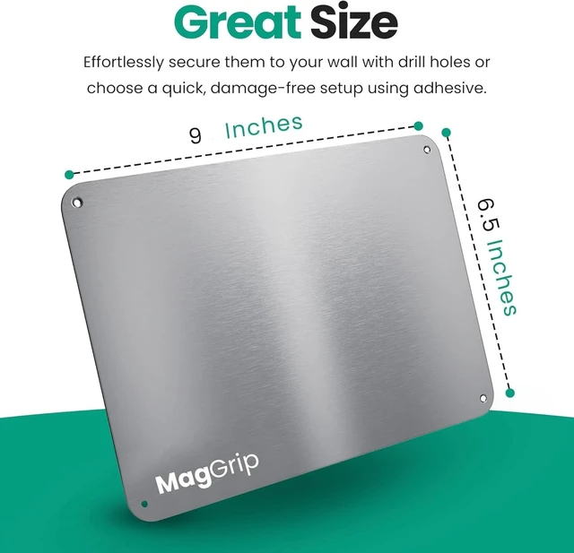 Alt view image 2 of 7 - 9 inches x 6.5 inches Stainless Steel Plate for Magnets, 3M Adhesive Back, Mounting Screws, Ideal for Magnetic Shelf, Spice Holders, Fridge Magnets. Mount Anywhere! (Silver, 1 Pack)