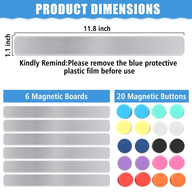 Alt view image 2 of 7 - 6Pcs Magnetic Strip, Metal Magnet Board with 20 pcs Colorful Magnet | Magnetic Strips with Adhesive Backing for DIY, whiteboards & Fridge