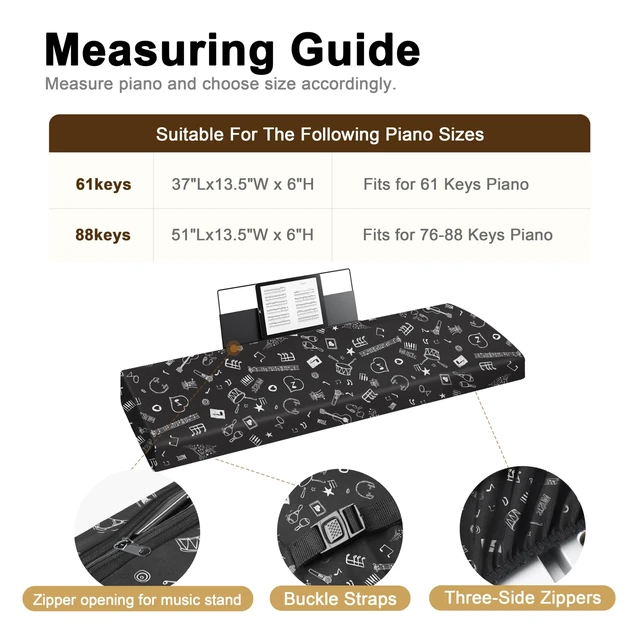 Alt view image 3 of 7 - 88 Keys Piano Keyboard Cover with Music Stand Opening, Symbols | Stretchy Dirt Proof Music Stand Opening for Digital Electronic Piano
