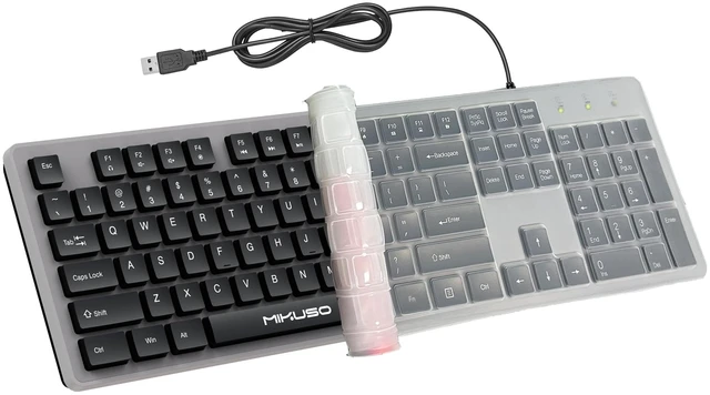 Main image of Wired Keyboard with Cover, 104 Keys Laser-Etched Non-Fade Letter | 1.6m USB-A Cord, Spill-Resistant with dust-proof film, Full Size for Windows Mac PC Laptop, Office Home Business Programming