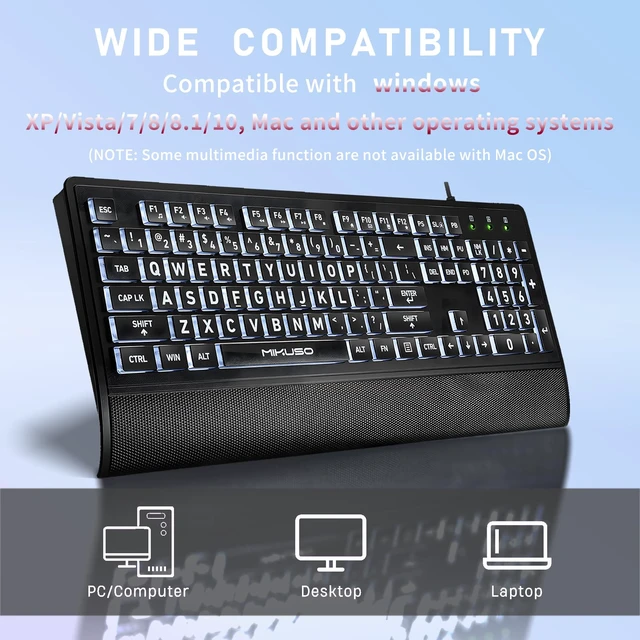 Alt view image 6 of 7 - Large Print Backlit Keyboard, Wired USB for Seniors & Low Vision | 4X larger high contrast letter, white LED backlight, ergonomic wrist rest, dustproof cover, for elder & visually impaired