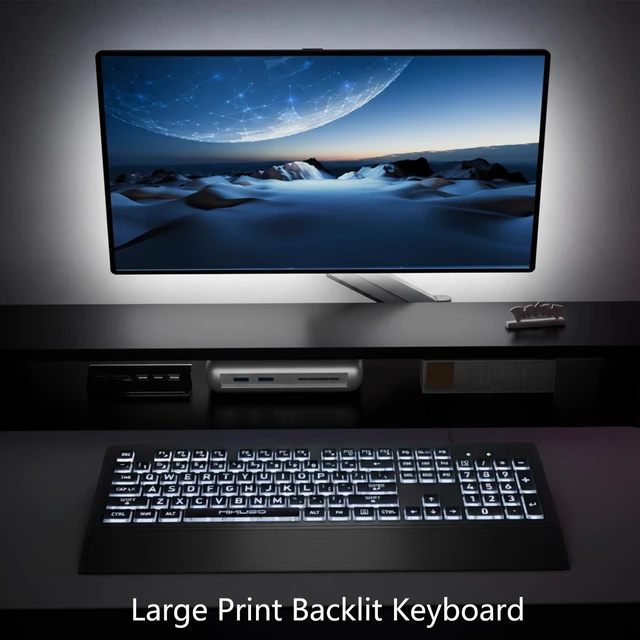 Alt view image 5 of 7 - Large Print Backlit Keyboard, Wired USB for Seniors & Low Vision | 4X larger high contrast letter, white LED backlight, ergonomic wrist rest, dustproof cover, for elder & visually impaired