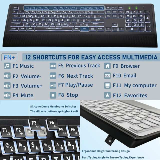 Alt view image 4 of 7 - Large Print Backlit Keyboard, Wired USB for Seniors & Low Vision | 4X larger high contrast letter, white LED backlight, ergonomic wrist rest, dustproof cover, for elder & visually impaired