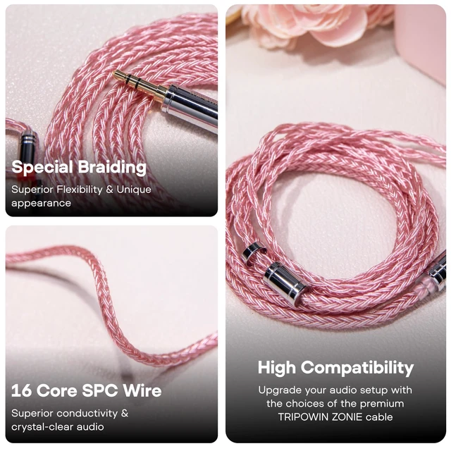Alt view image 3 of 7 - Tripowin Zonie 16 Core Silver Plated IEM Cable, 2pin 0.78mm, 3.5mm | 1.25m SPC in Ear Monitor Wire, Earphone Upgraded Cords for 7hz Zero:2 Orchestra Lite Cadenza Hype4 Supermix4, Pink