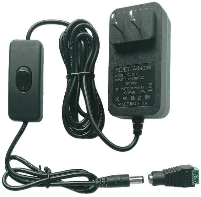 Main image of 12V 1A Power Supply 1000mA AC/DC Adapter 12V DC Power Cord with Switch 6.5FT AC 100-240V to DC 12Volt 1Amp 0.5A Power Converter with 5.5×2.5mm Plug for Devices Powered by 12V and Less Than 12W