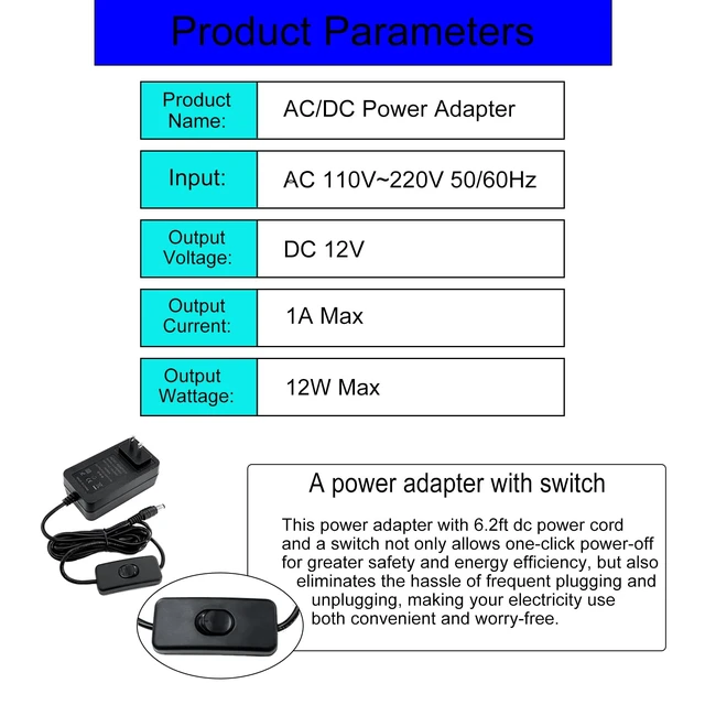 Alt view image 2 of 7 - 12V 1A Power Supply 1000mA AC/DC Adapter 12V DC Power Cord with Switch 6.5FT AC 100-240V to DC 12Volt 1Amp 0.5A Power Converter with 5.5×2.5mm Plug for Devices Powered by 12V and Less Than 12W