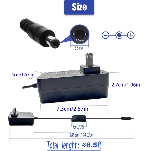 Alt view image 3 of 7 - 12V 1A Power Supply 1000mA AC/DC Adapter 12V DC Power Cord with Switch 6.5FT AC 100-240V to DC 12Volt 1Amp 0.5A Power Converter with 5.5×2.5mm Plug for Devices Powered by 12V and Less Than 12W