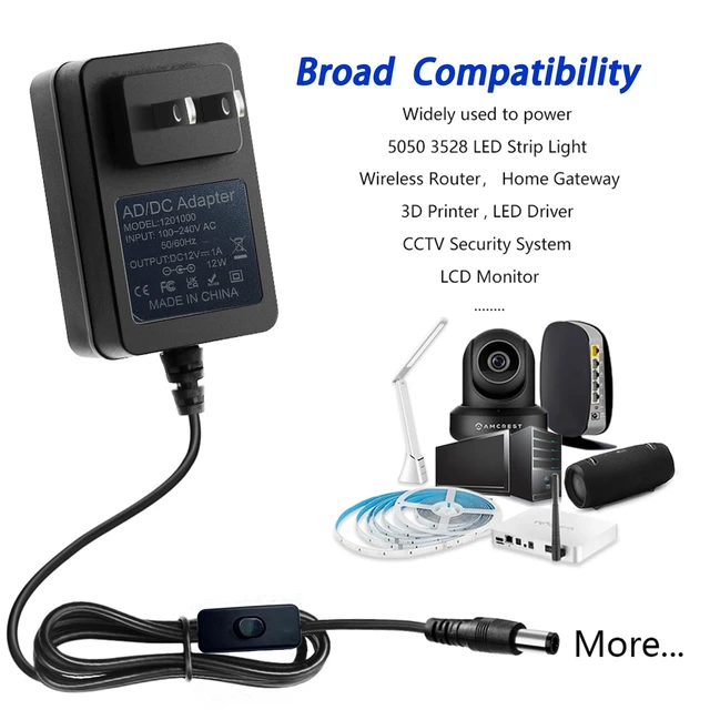 Alt view image 5 of 7 - 12V 1A Power Supply 1000mA AC/DC Adapter 12V DC Power Cord with Switch 6.5FT AC 100-240V to DC 12Volt 1Amp 0.5A Power Converter with 5.5×2.5mm Plug for Devices Powered by 12V and Less Than 12W