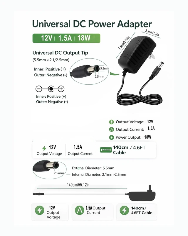Alt view image 4 of 7 - DC 12V Power Supply 1.5A AC/DC Switching Adapter 100-240V 50/60Hz to DC 12V Power Cord with 5.5x2.5mm Plug &10 Tips, 12 Volt 1.5A Power Adapter for LED Strips, Routers, Speakers and Small Electronics