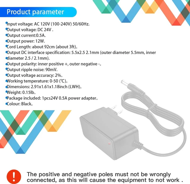 Alt view image 5 of 6 - 24V 0.5A DC Power Supply Adapter 100-240V AC to DC 24Volt 500mA Power Cord Transformer Converter with 5.5x2.5mm 2.1mm Plug Made for LED Strip Lights Essential Oil Diffuser