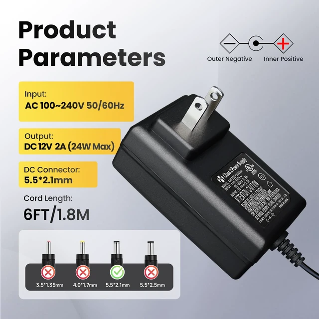 Alt view image 2 of 7 - UL Listed 12V 2A 24W 6ft Long Power Supply Adapter, AC DC Switching Adapter (Input 100-240V, Output 12Volt 2Amp 2000mA), DC 12V 5.5x2.1mm Wall Mount Transformer Charger Plug