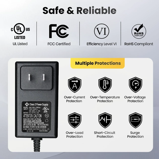 Alt view image 3 of 7 - UL Listed 12V 2A 24W 6ft Long Power Supply Adapter, AC DC Switching Adapter (Input 100-240V, Output 12Volt 2Amp 2000mA), DC 12V 5.5x2.1mm Wall Mount Transformer Charger Plug