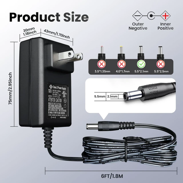 Alt view image 6 of 7 - UL Listed 12V 2A 24W 6ft Long Power Supply Adapter, AC DC Switching Adapter (Input 100-240V, Output 12Volt 2Amp 2000mA), DC 12V 5.5x2.1mm Wall Mount Transformer Charger Plug