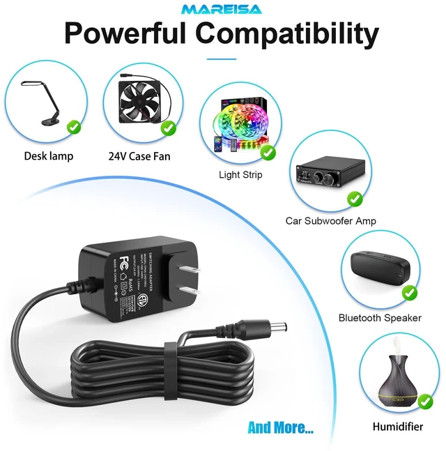Alt view image 2 of 7 - 100V-240V to 24V Power Supply, 24V 1A Power Adapter 5.5x2.1mm with 5 Tips | Compatibility with 24Volt 1A 1000mA 0.8A 800mA 0.7A 700mA 0.5A 500mA Equipment UL Lited with 5.91Ft Power Cord