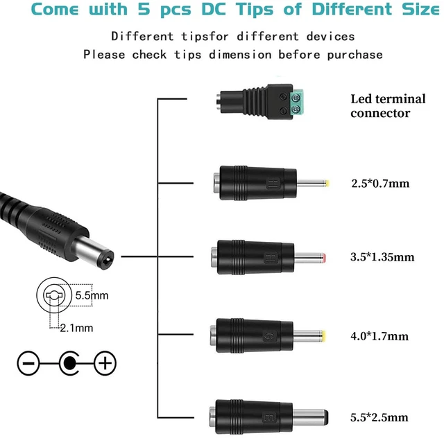 Alt view image 3 of 7 - 100V-240V to 24V Power Supply, 24V 1A Power Adapter 5.5x2.1mm with 5 Tips | Compatibility with 24Volt 1A 1000mA 0.8A 800mA 0.7A 700mA 0.5A 500mA Equipment UL Lited with 5.91Ft Power Cord