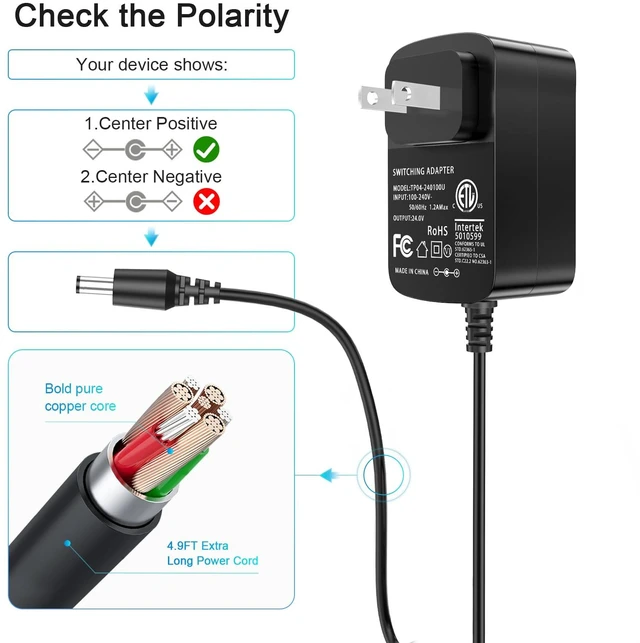 Alt view image 5 of 7 - 100V-240V to 24V Power Supply, 24V 1A Power Adapter 5.5x2.1mm with 5 Tips | Compatibility with 24Volt 1A 1000mA 0.8A 800mA 0.7A 700mA 0.5A 500mA Equipment UL Lited with 5.91Ft Power Cord