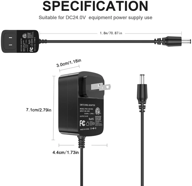 Alt view image 7 of 7 - 100V-240V to 24V Power Supply, 24V 1A Power Adapter 5.5x2.1mm with 5 Tips | Compatibility with 24Volt 1A 1000mA 0.8A 800mA 0.7A 700mA 0.5A 500mA Equipment UL Lited with 5.91Ft Power Cord