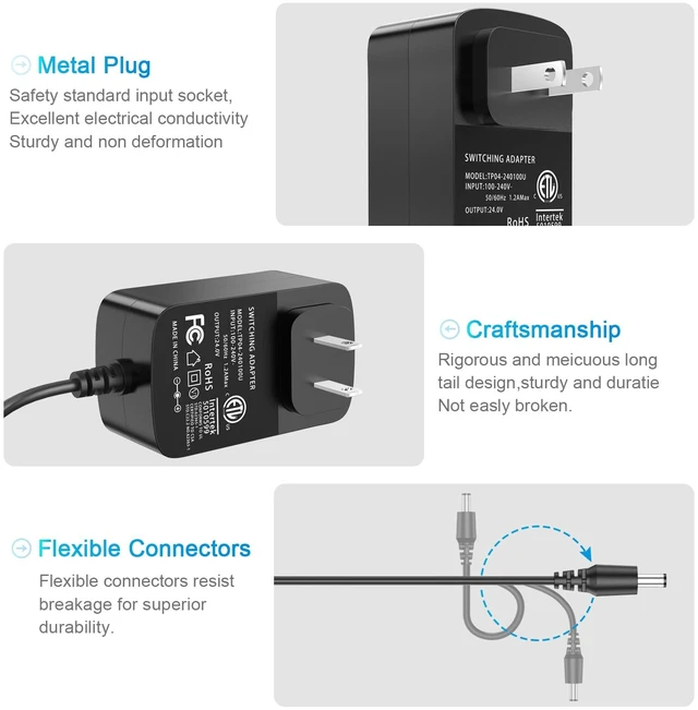 Alt view image 6 of 7 - 100V-240V to 24V Power Supply, 24V 1A Power Adapter 5.5x2.1mm with 5 Tips | Compatibility with 24Volt 1A 1000mA 0.8A 800mA 0.7A 700mA 0.5A 500mA Equipment UL Lited with 5.91Ft Power Cord