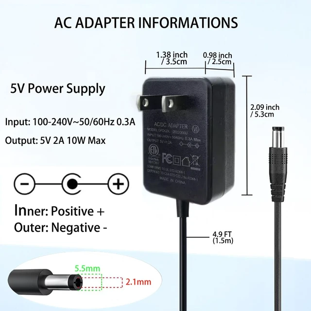 Alt view image 2 of 7 - 5V Power Supply 2A 5 Volt AC Adapter 100-240v 50-60hz US Switching Adapter with 5.5 x 2.1mm DC Plug and 8 Tips Power Cord for LED Lights, 5V2A Devices, DC5V Transformer 1.5 m