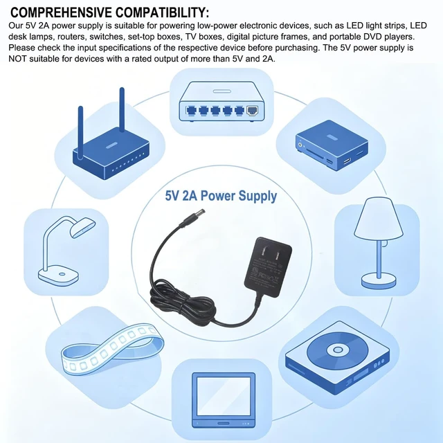 Alt view image 6 of 7 - 5V Power Supply 2A 5 Volt AC Adapter 100-240v 50-60hz US Switching Adapter with 5.5 x 2.1mm DC Plug and 8 Tips Power Cord for LED Lights, 5V2A Devices, DC5V Transformer 1.5 m