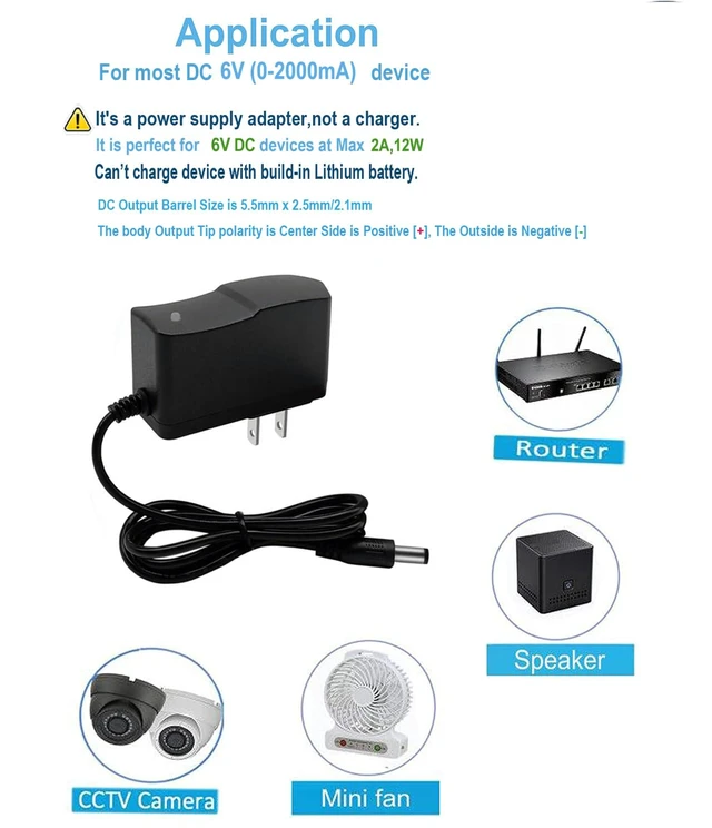 Alt view image 5 of 5 - DC 6V 2A Power Supply Adapter | 100-240V AC Input, 5.5x2.5mm Connector, dc Plug, AC/DC Transformer adapter