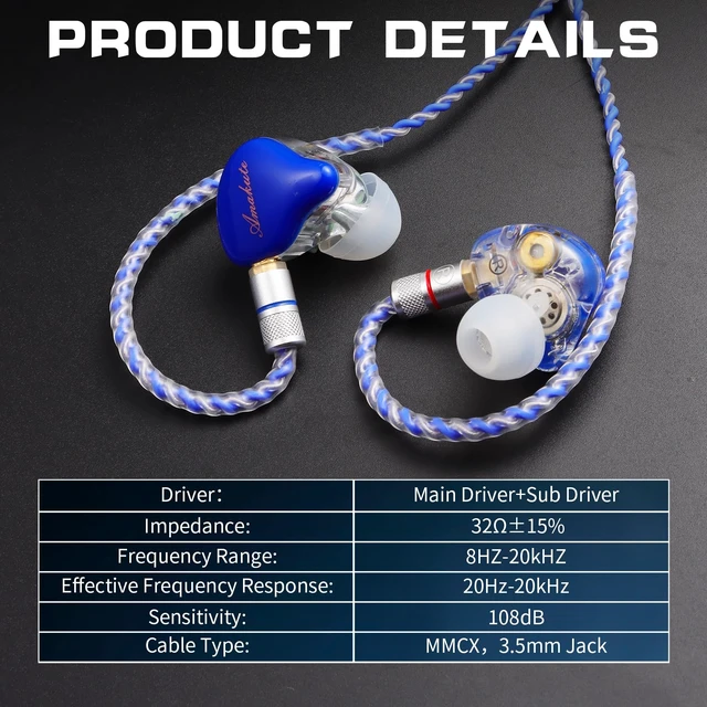 Alt view image 6 of 7 - in-Ear Monitor with Detachable Silver-Plated,no mic | HiFi IEM, Tesla Dual Dynamic Driver Wired Earbuds, Noise-Isolating In-Ear Headphones for Singers & Audiophiles (Blue & Clear)