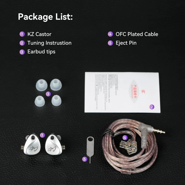 Alt view image 6 of 7 - KZ Castor in Ear Monitor Headphones with Mic, HiFi Improved Bass Earphone Sound Tunable Noise Isolating IEMs, Dual-Dynamic Driver Wired Earbuds, 2PIN-C Detachable Cable for Singers Musicians