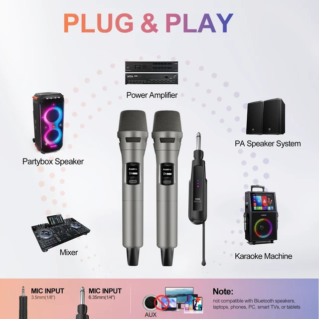 Alt view image 3 of 7 - Wireless Microphone,100ft Range,10Hs Rechaegeable Battery for Karaoke | Rechargeable Receiver and Mics, Clear Sound, Noise Cancellation, Amps Via 6.35/3.5Mm, for Church, Party, Wedding, DJ & Events