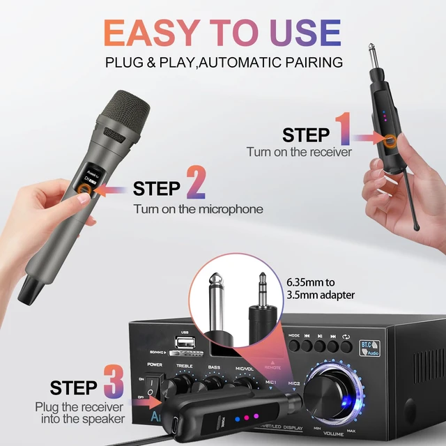 Alt view image 4 of 7 - Wireless Microphone,100ft Range,10Hs Rechaegeable Battery for Karaoke | Rechargeable Receiver and Mics, Clear Sound, Noise Cancellation, Amps Via 6.35/3.5Mm, for Church, Party, Wedding, DJ & Events