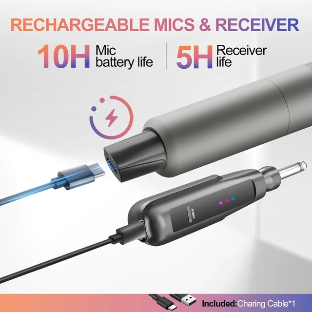 Alt view image 6 of 7 - Wireless Microphone,100ft Range,10Hs Rechaegeable Battery for Karaoke | Rechargeable Receiver and Mics, Clear Sound, Noise Cancellation, Amps Via 6.35/3.5Mm, for Church, Party, Wedding, DJ & Events