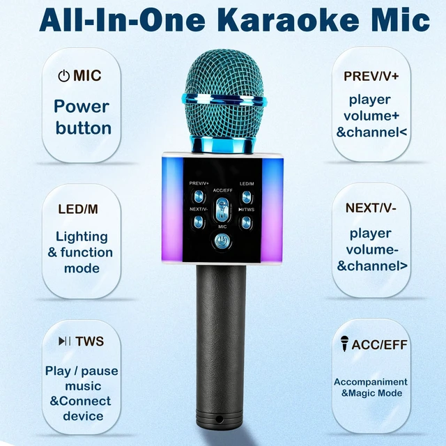 Alt view image 2 of 7 - Wireless Bluetooth Karaoke Microphone for Kids & Adults, Singing Mic with Disco Lights, Voice Changer, Built-in Speaker, Portable Karaoke Player for Party & Travel Gifts(Blue)