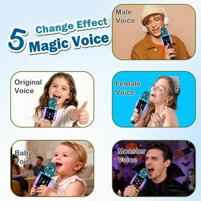 Alt view image 4 of 7 - Wireless Bluetooth Karaoke Microphone for Kids & Adults, Singing Mic with Disco Lights, Voice Changer, Built-in Speaker, Portable Karaoke Player for Party & Travel Gifts(Blue)