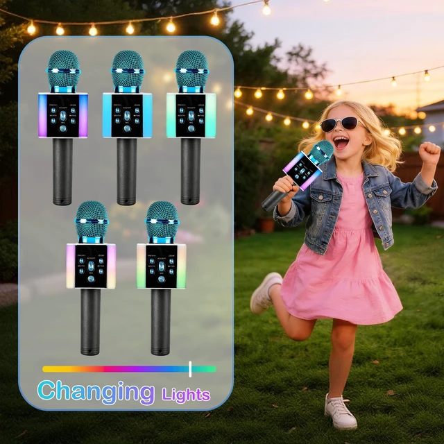 Alt view image 6 of 7 - Wireless Bluetooth Karaoke Microphone for Kids & Adults, Singing Mic with Disco Lights, Voice Changer, Built-in Speaker, Portable Karaoke Player for Party & Travel Gifts(Blue)