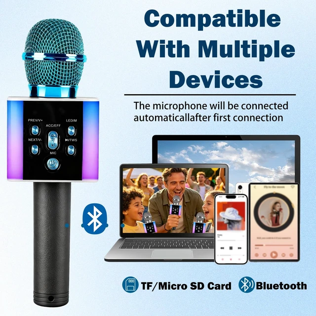 Alt view image 7 of 7 - Wireless Bluetooth Karaoke Microphone for Kids & Adults, Singing Mic with Disco Lights, Voice Changer, Built-in Speaker, Portable Karaoke Player for Party & Travel Gifts(Blue)