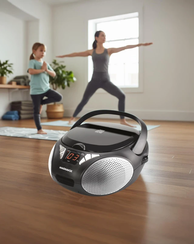 Alt view image 2 of 7 - Portable Top Loading CD Boombox with AM/FM Stereo Radio in Black | CD-R/CD-RW Compatible | LED Display | AUX Input | Programmable CD Player | 1.6 watts of Audio