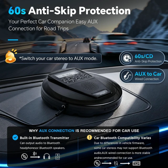 Alt view image 5 of 7 - Portable CD Player with Bluetooth and Speaker, 10H Playtime Rechargeable Personal CD Player, HiFi Stereo Sound, 60s Anti-Skip Protection, PROG Playback & EQ Modes, Headphones and AUX Cable Included