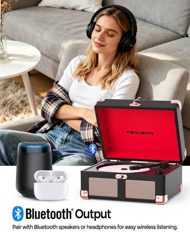 Alt view image 5 of 7 - Vintage CD Player with Speakers, Bluetooth in/Out, Watercolor Rechargeable portable retro CD player with LED display, USB, AUX and headphone jack, for bedroom décor, dorms and gifting