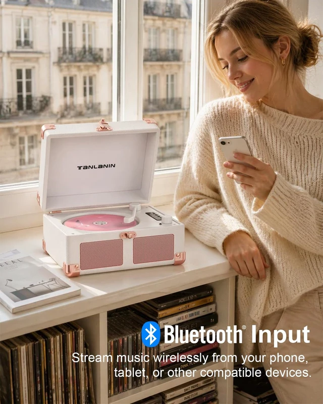 Alt view image 6 of 7 - Vintage CD Player with Speakers, Bluetooth in/Out, Watercolor Rechargeable portable retro CD player with LED display, USB, AUX and headphone jack, for bedroom décor, dorms and gifting
