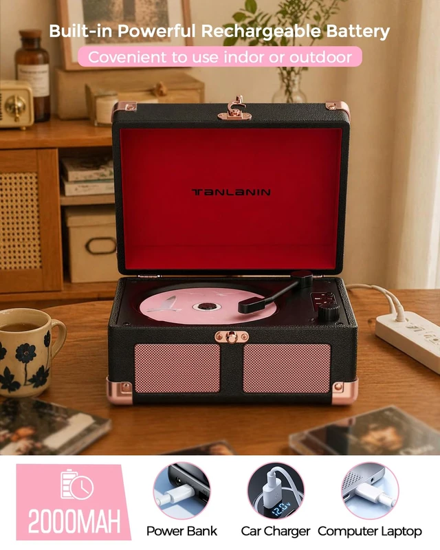Alt view image 7 of 7 - Vintage CD Player with Speakers, Bluetooth in/Out, Watercolor Rechargeable portable retro CD player with LED display, USB, AUX and headphone jack, for bedroom décor, dorms and gifting