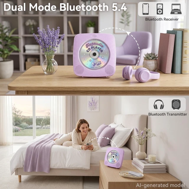 Alt view image 3 of 7 - CD Player Portable Bluetooth Rechargeable: CD Players for Home 1800mAh Desktop Wall CD Player with Speakers with Dust Cover FM Radio USB Remote Control