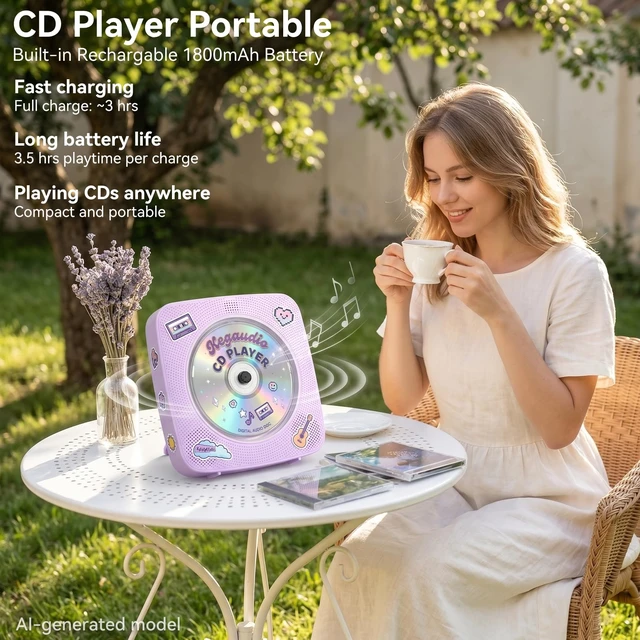 Alt view image 2 of 7 - CD Player Portable Bluetooth Rechargeable: CD Players for Home 1800mAh Desktop Wall CD Player with Speakers with Dust Cover FM Radio USB Remote Control