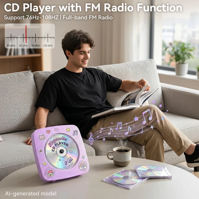 Alt view image 6 of 7 - CD Player Portable Bluetooth Rechargeable: CD Players for Home 1800mAh Desktop Wall CD Player with Speakers with Dust Cover FM Radio USB Remote Control