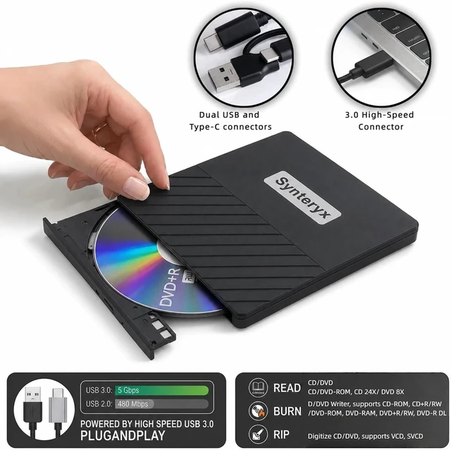 Alt view image 5 of 7 - External CD/DVD Drive for Laptop, USB-A & Type-C CD Burner Reader | 2-in-1 DVD Burner & Player, Portable USB Optical Drive for PC Mac, CD Reader Writer Compatible with Windows, macOS & Linux