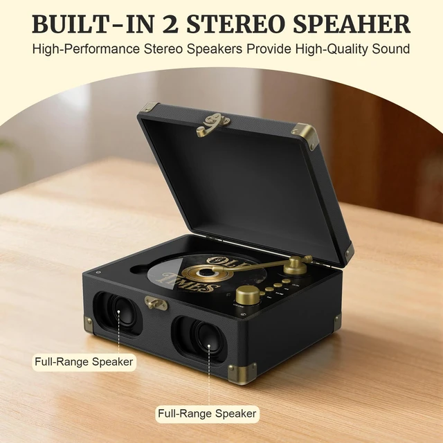 Alt view image 2 of 7 - Portable Desktop CD Player with Built-in Speakers, Black | Remote Control, V5.4 Bluetooth In & Out, AUX Input, Headphone Jack, USB Playback, Suitcase Retro Home Music Player
