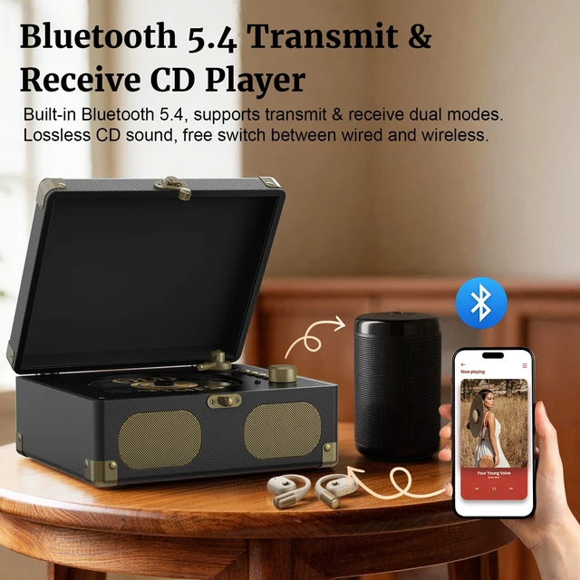 Alt view image 3 of 7 - Portable Desktop CD Player with Built-in Speakers, Black | Remote Control, V5.4 Bluetooth In & Out, AUX Input, Headphone Jack, USB Playback, Suitcase Retro Home Music Player