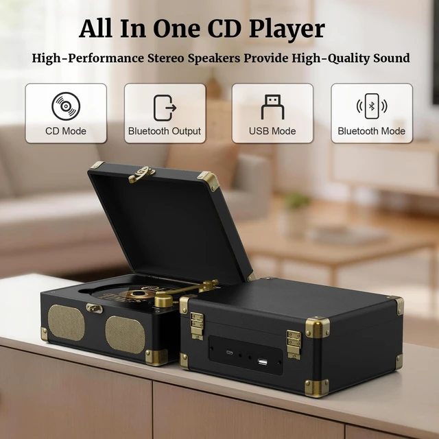 Alt view image 4 of 7 - Portable Desktop CD Player with Built-in Speakers, Black | Remote Control, V5.4 Bluetooth In & Out, AUX Input, Headphone Jack, USB Playback, Suitcase Retro Home Music Player